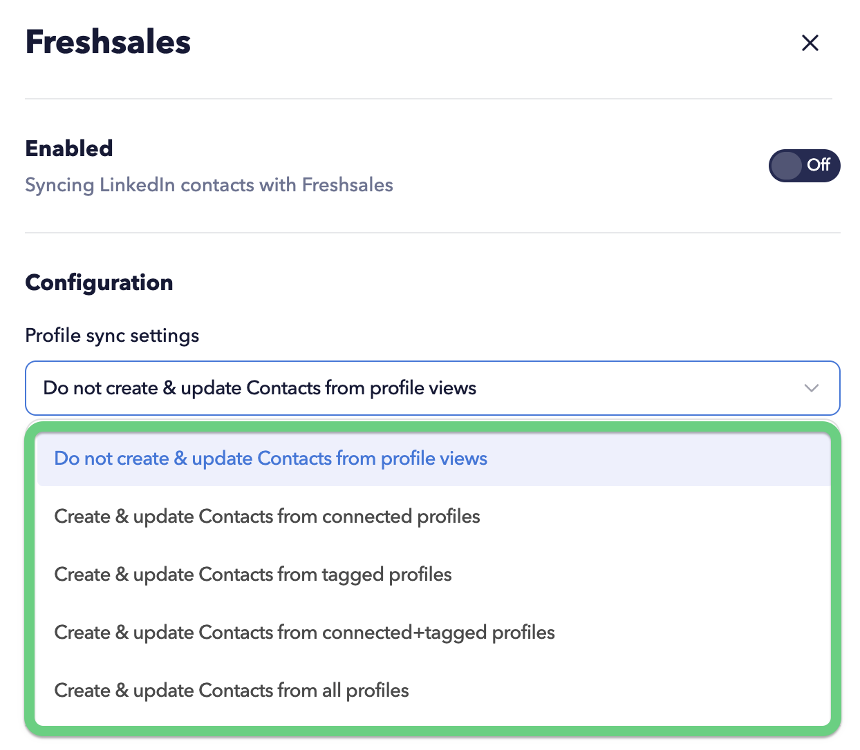 Freshsales CRM connector options for STACKED.