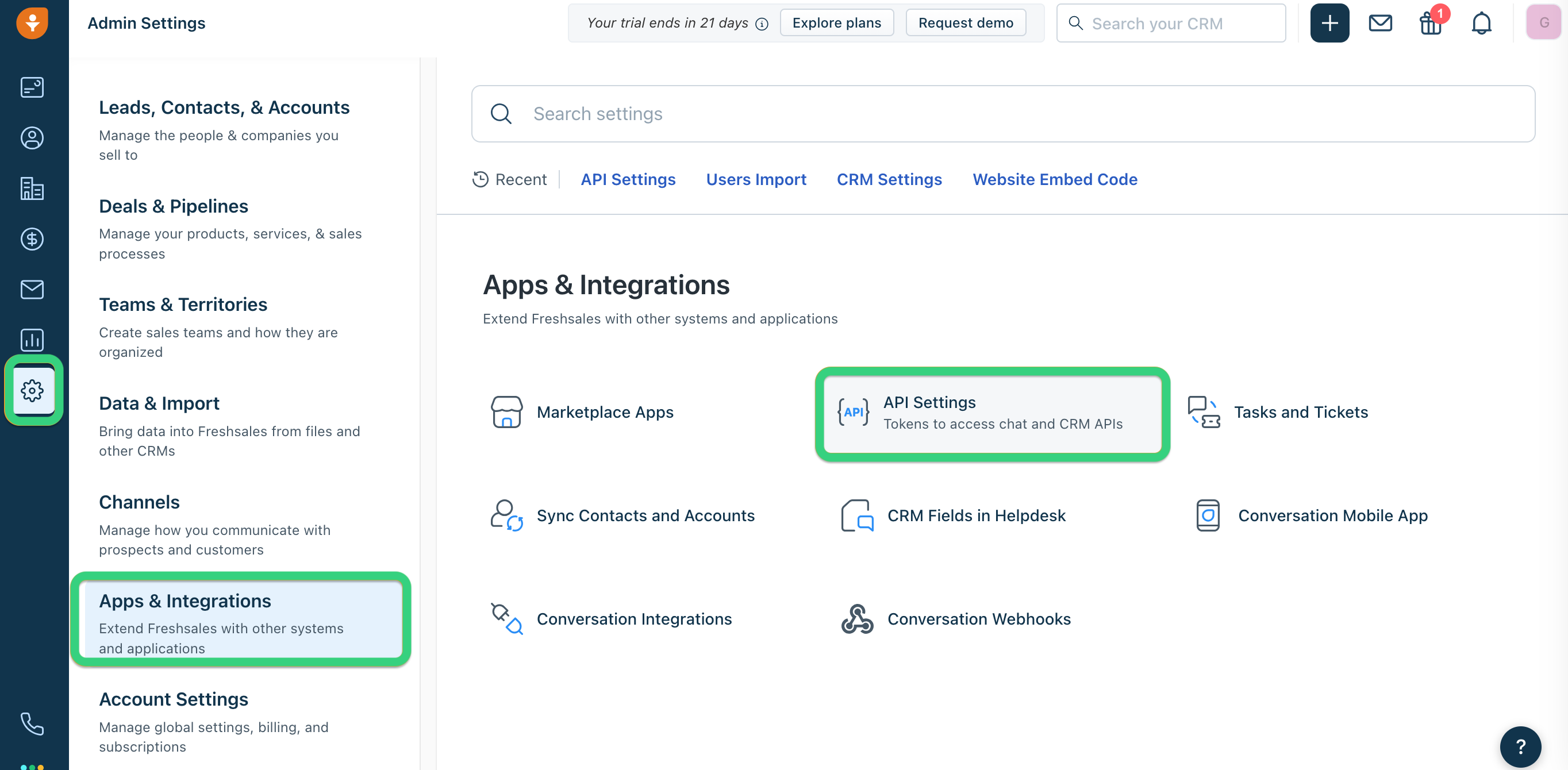 Your Freshsales connection details are located in Settings > Apps & Integrations > API Settings