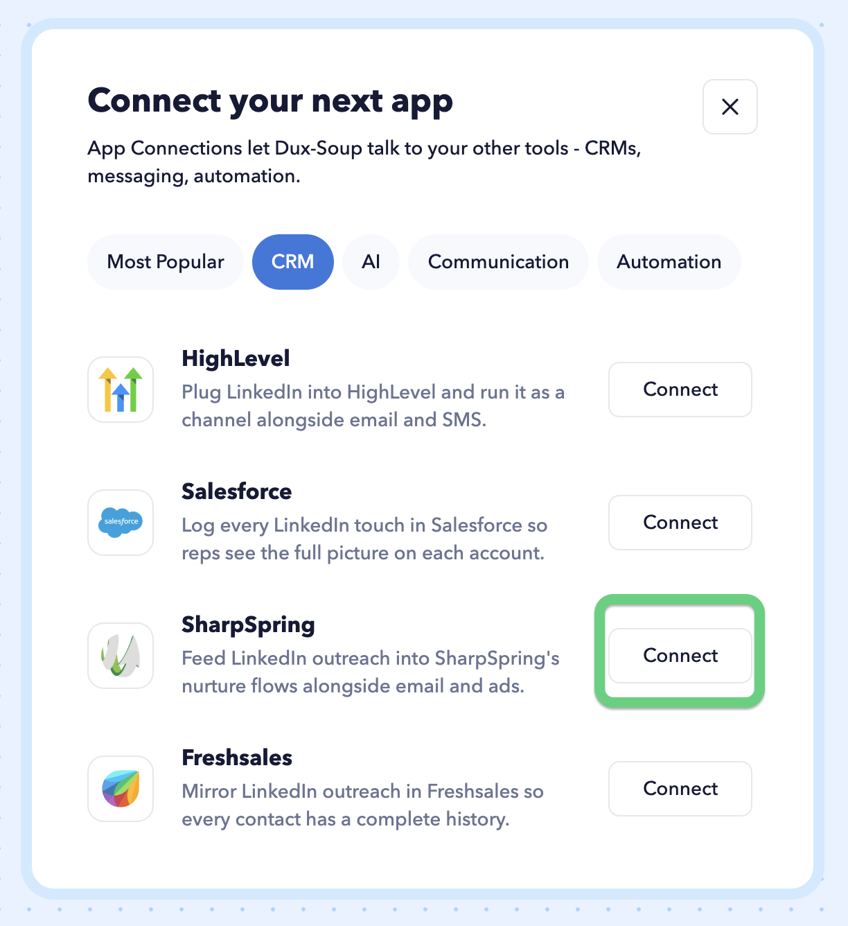 Click the +App Connection button, then click the Connect button to install SharpSpring