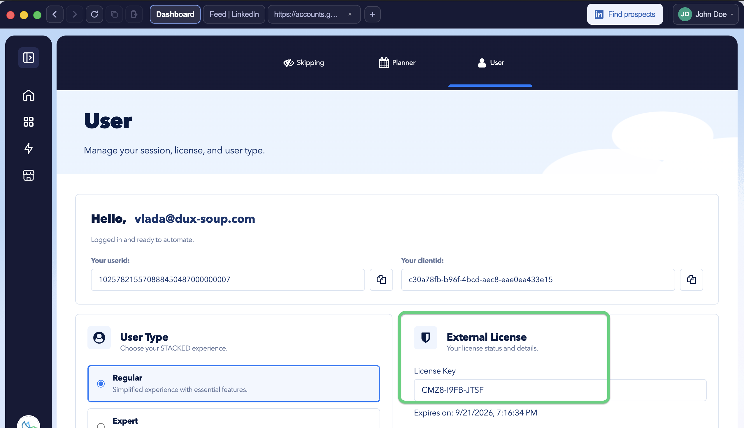 STACKED User settings showing the External License section for entering a licence key