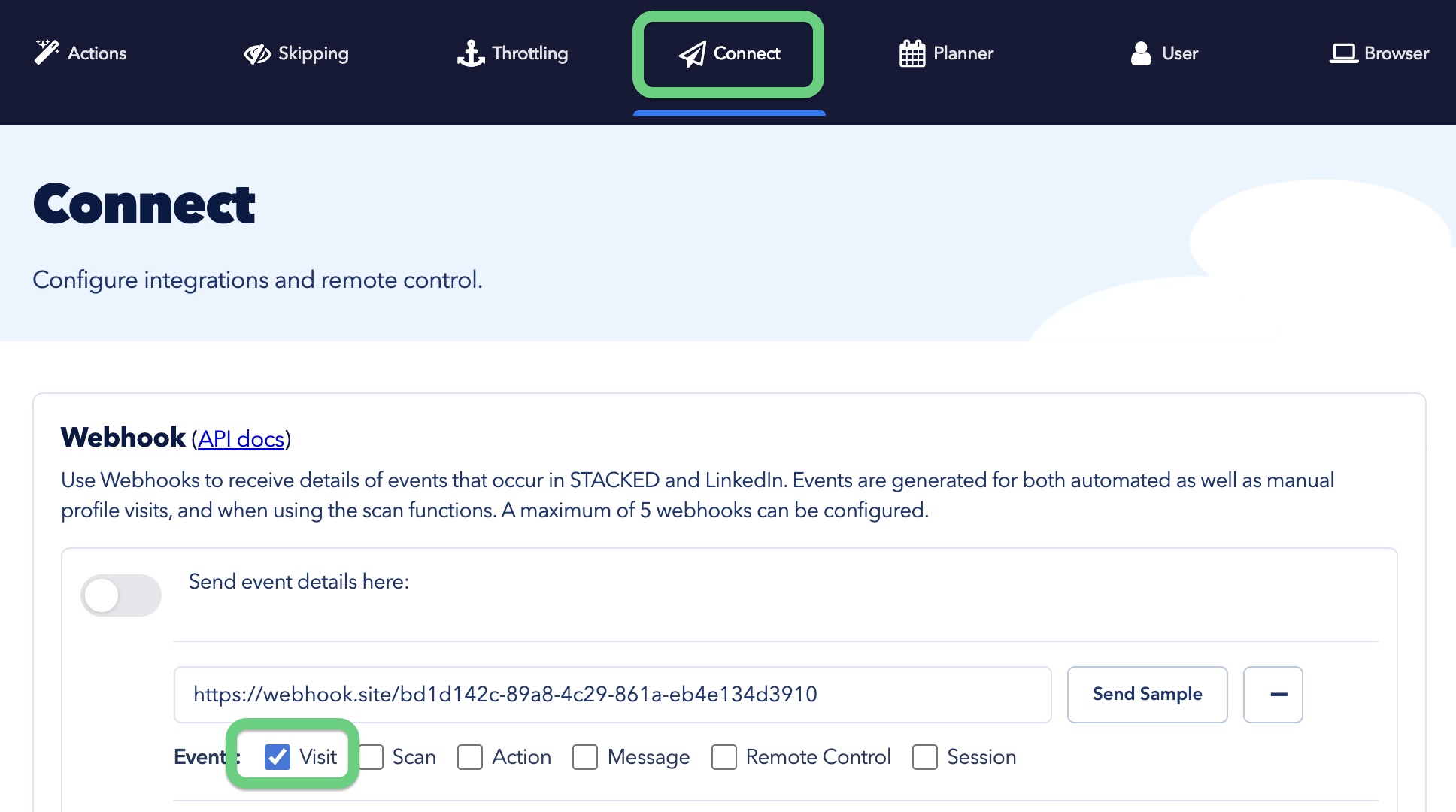 Paste it into STACKED → Settings → Connect → Webhook URL and enable the Visit event.
