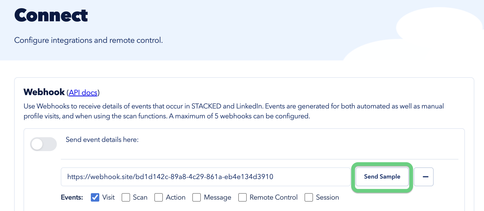 Send a sample of a visit event (Settings → Connect).