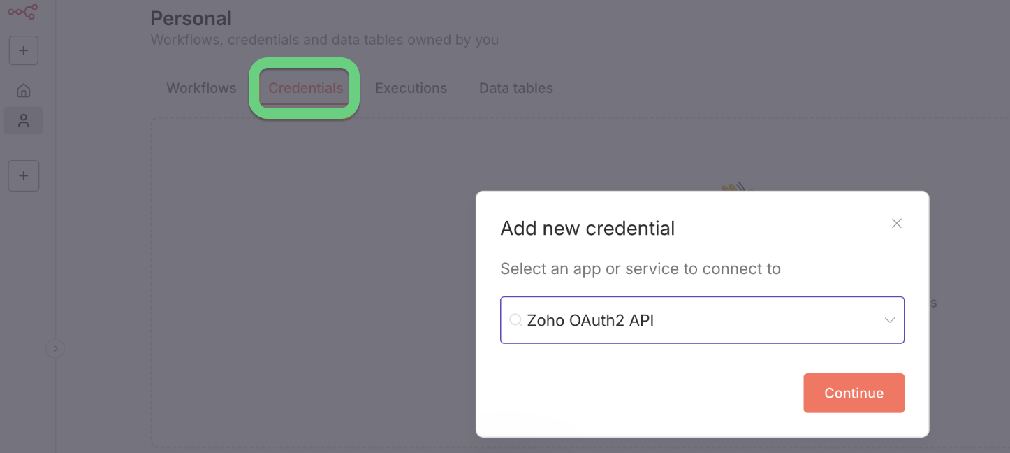 Choose the CRM node and set up Credentials to connect to CRM. In this example, we use Zoho CRM