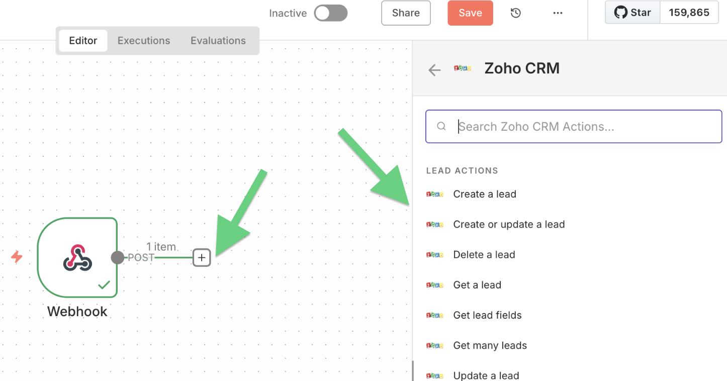 Add Zoho CRM to your n8n workflow → Create or update a lead