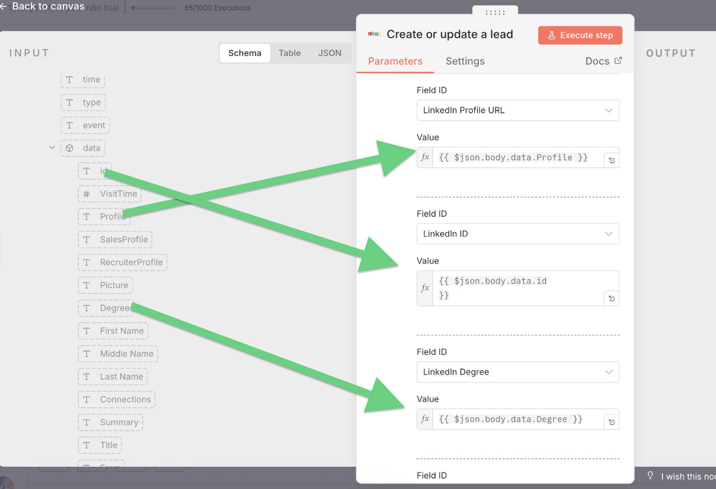 Suggested custom fields include: LinkedIn Profile URL, LinkedIn ID, LinkedIn Degree, and LinkedIn Title.
