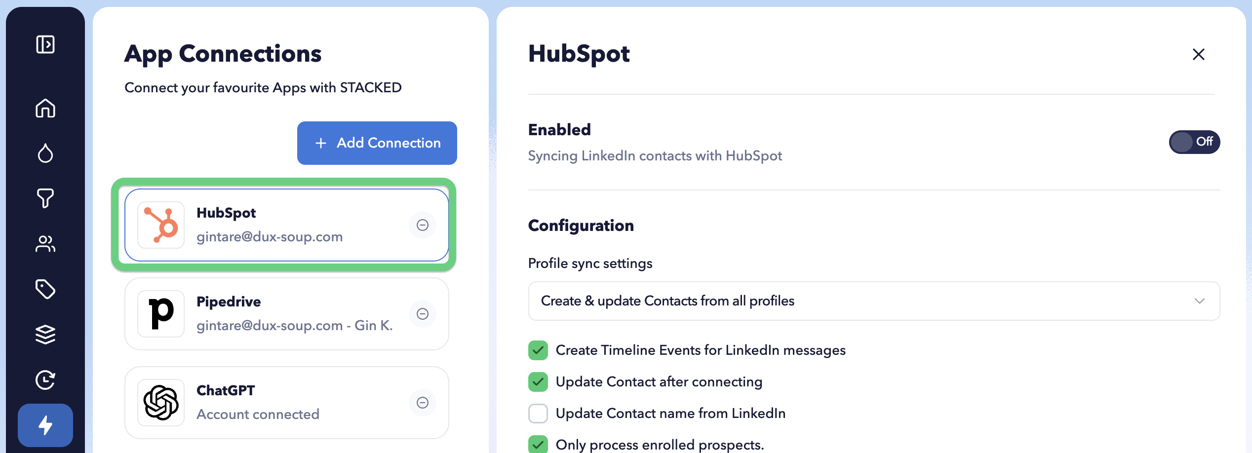 The STACKED HubSpot Connector is installed from the Dashboard