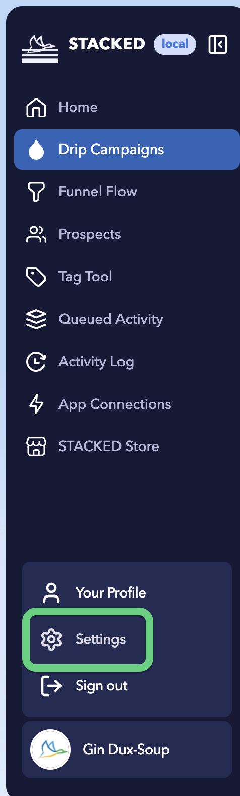 STACKED Dashboard → Settings