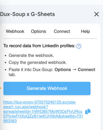 In google sheets generate the webhook, copy it by clicking the generated URL