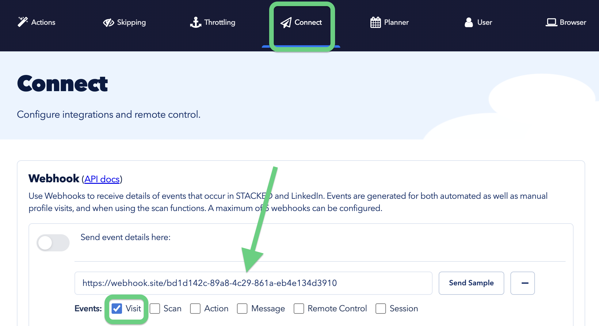 paste this URL into the STACKED Dashboard → Settings → Connect tab