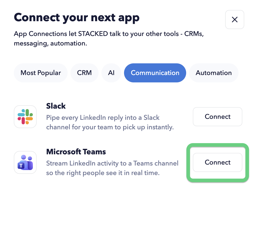 Click the +Add Connection button and select Teams from the options