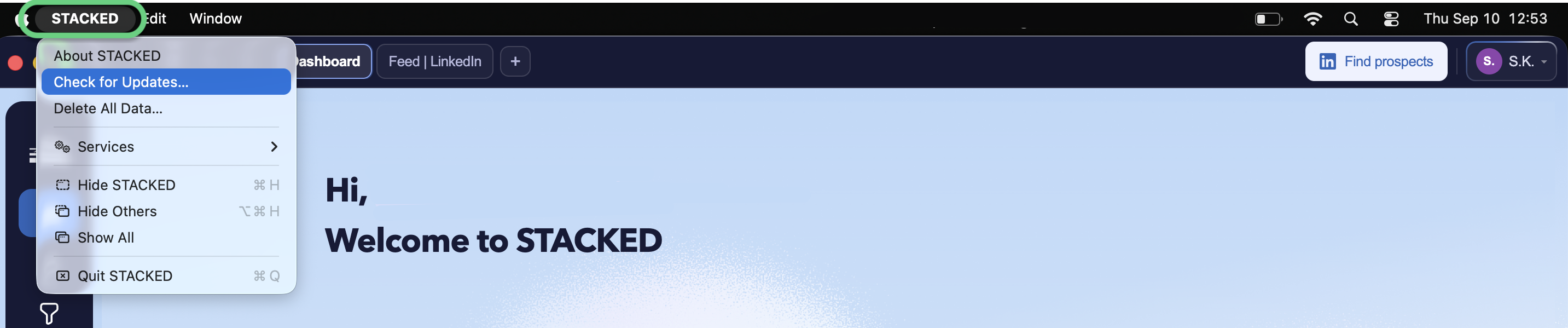 STACKED menu on Mac showing the Check for Updates option