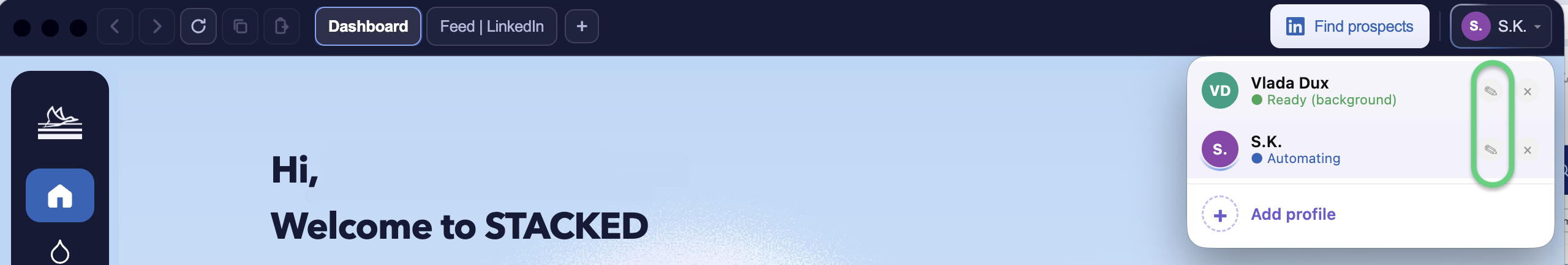 STACKED profile menu showing the pencil icon used to rename an account