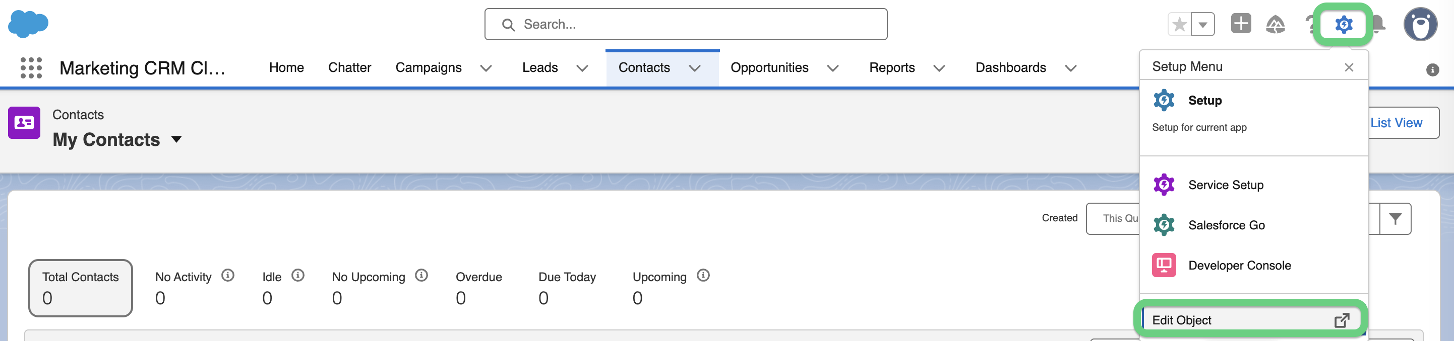 You can enable bulk STACKED actions in the Salesforce Contacts list if you have Salesforce Enterprise Edition. To do that, click on the Setup Menu gear icon and select 'Edit Object'
