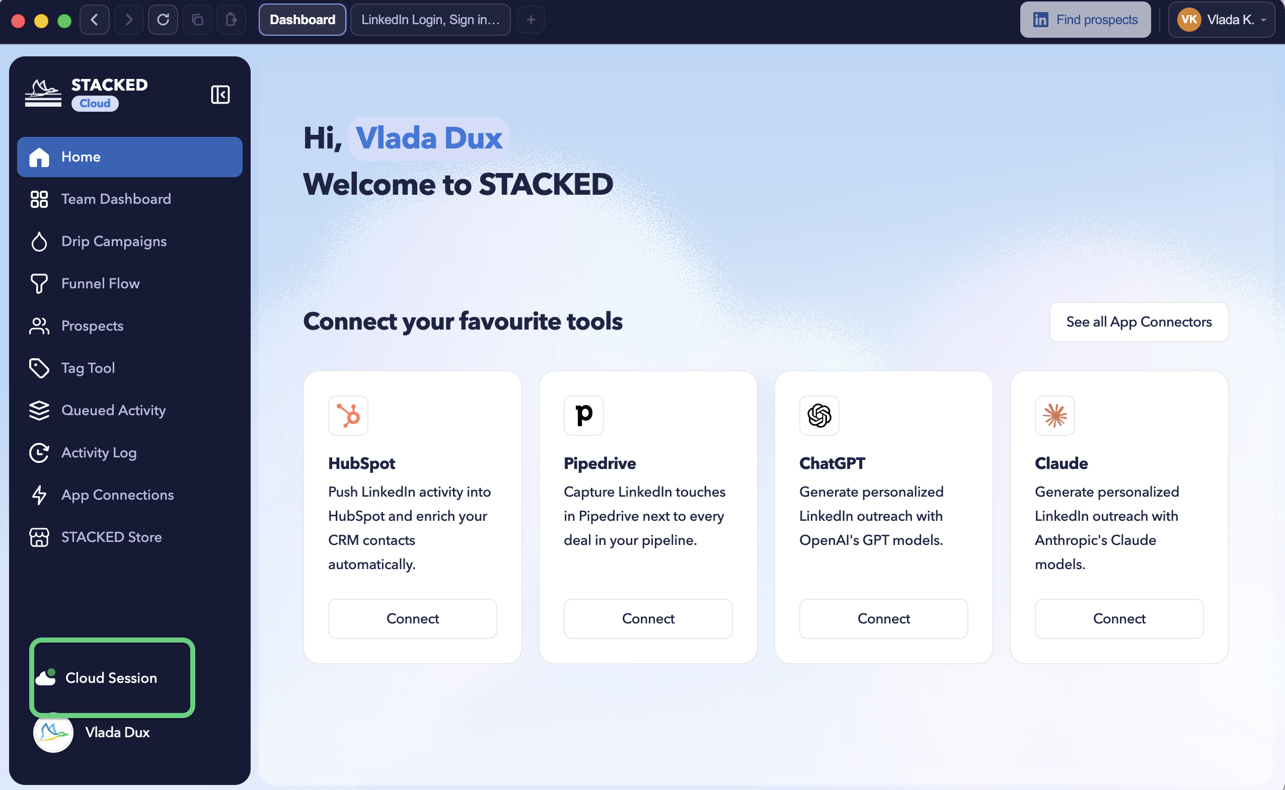 STACKED local sidebar showing the Cloud Session control