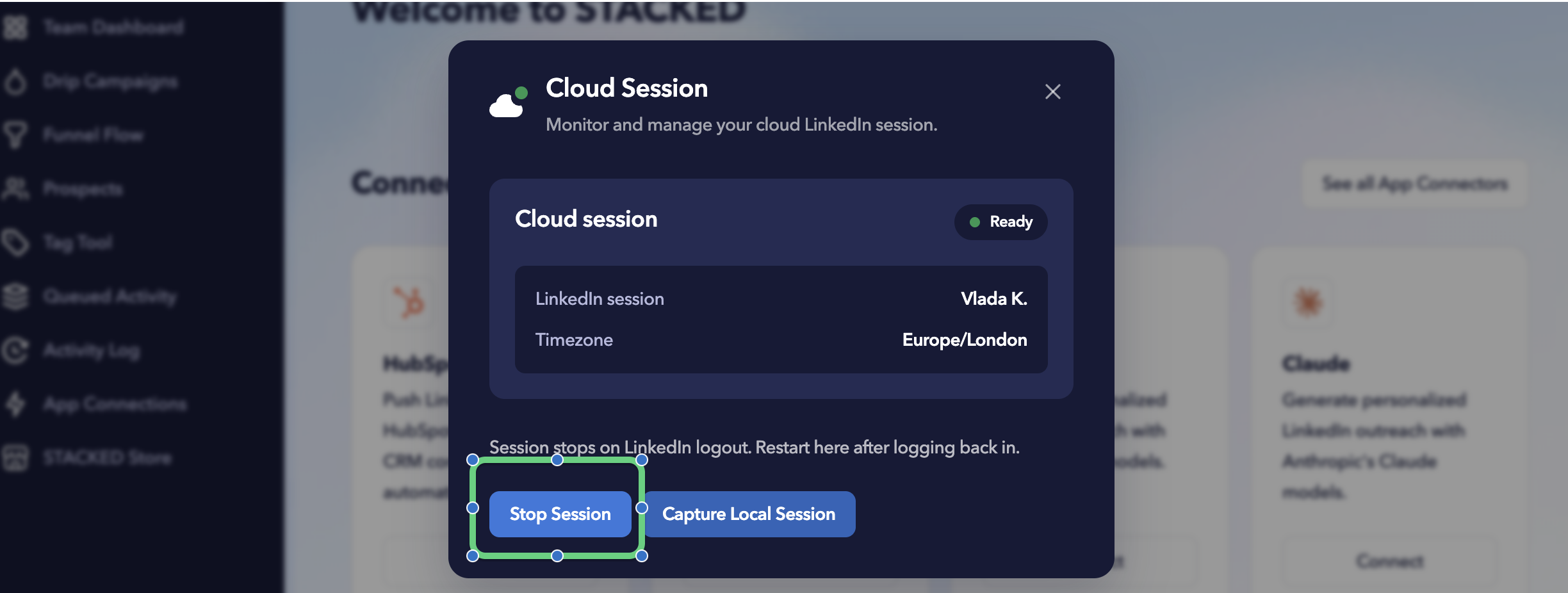 STACKED cloud session panel showing a Ready session with Stop Session control