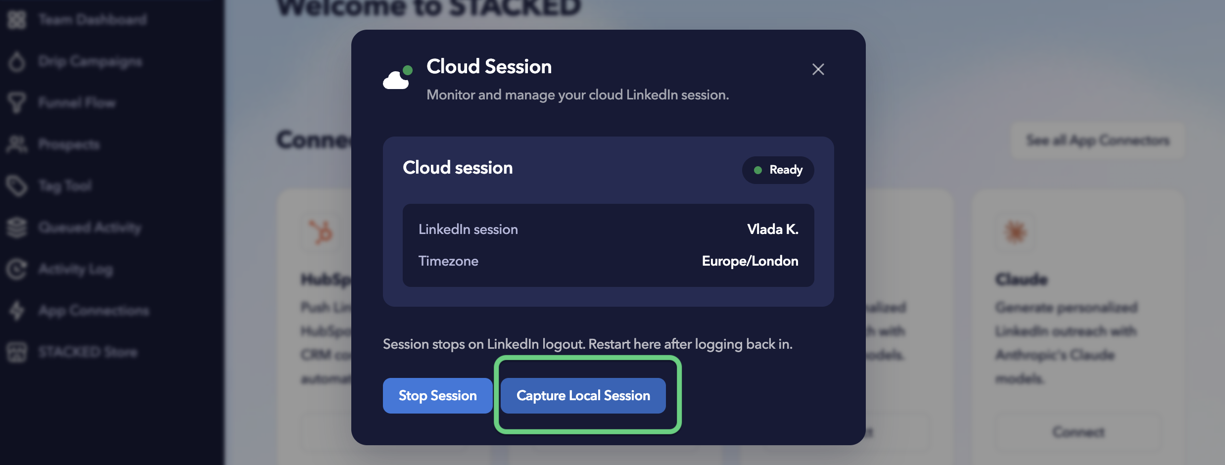 STACKED cloud session panel showing a Capture Local Session button