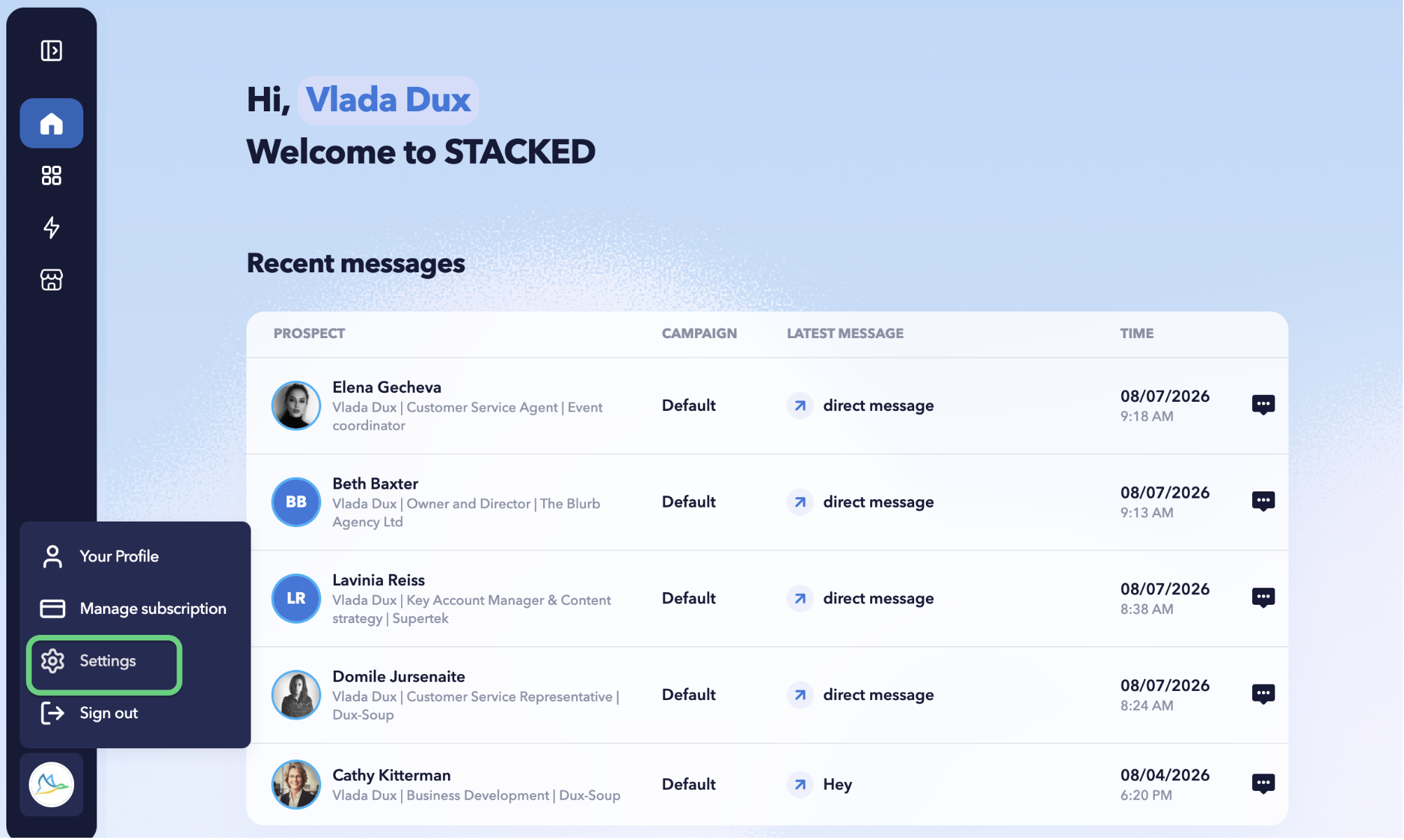 STACKED dashbaord showing Settings option