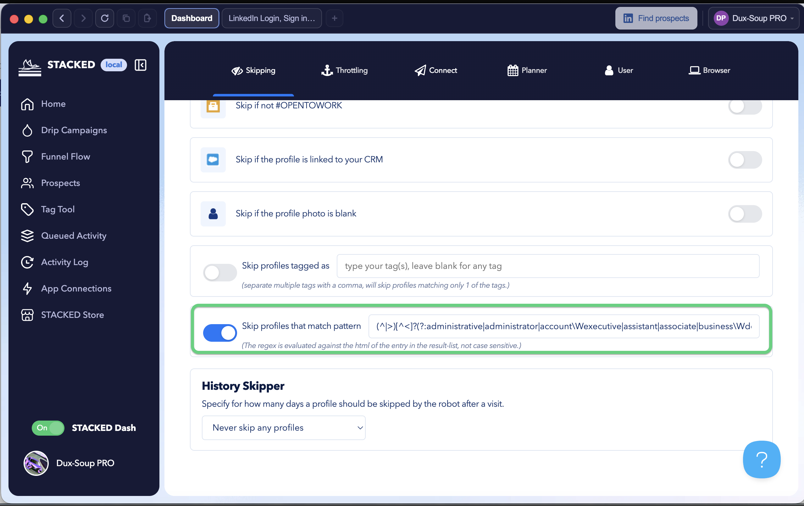 STACKED Expert user interface showing the Skip profiles that match pattern option under Skipping settings