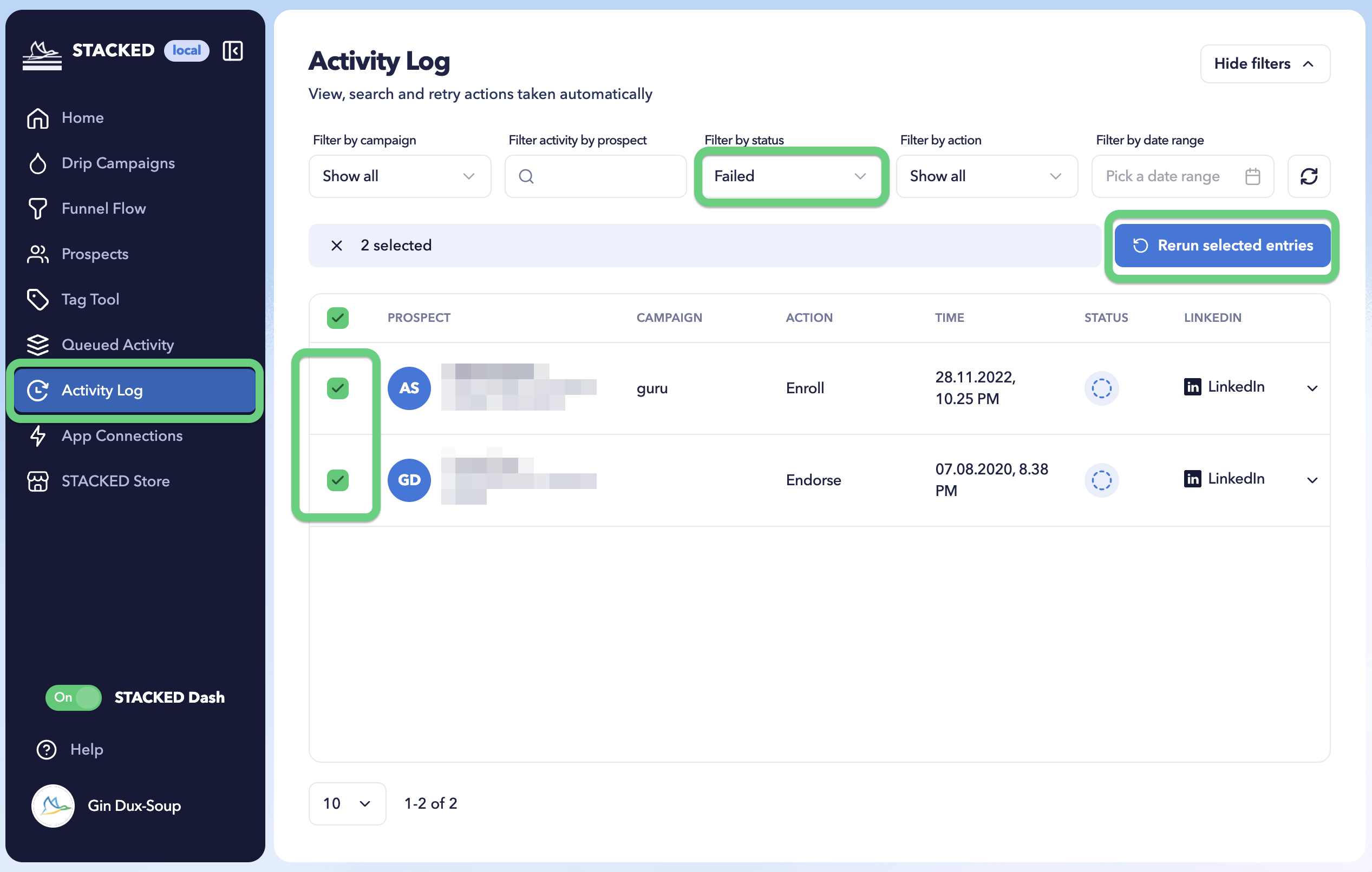 How to retry failed actions via the STACKED dashboard.