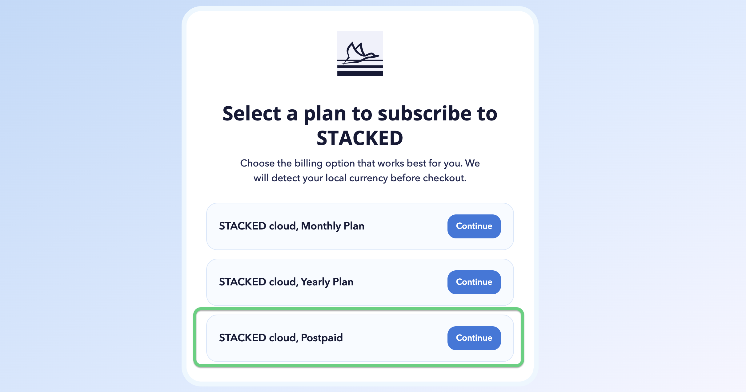 Stacked purchase options highlighting a flexible postpaid plan