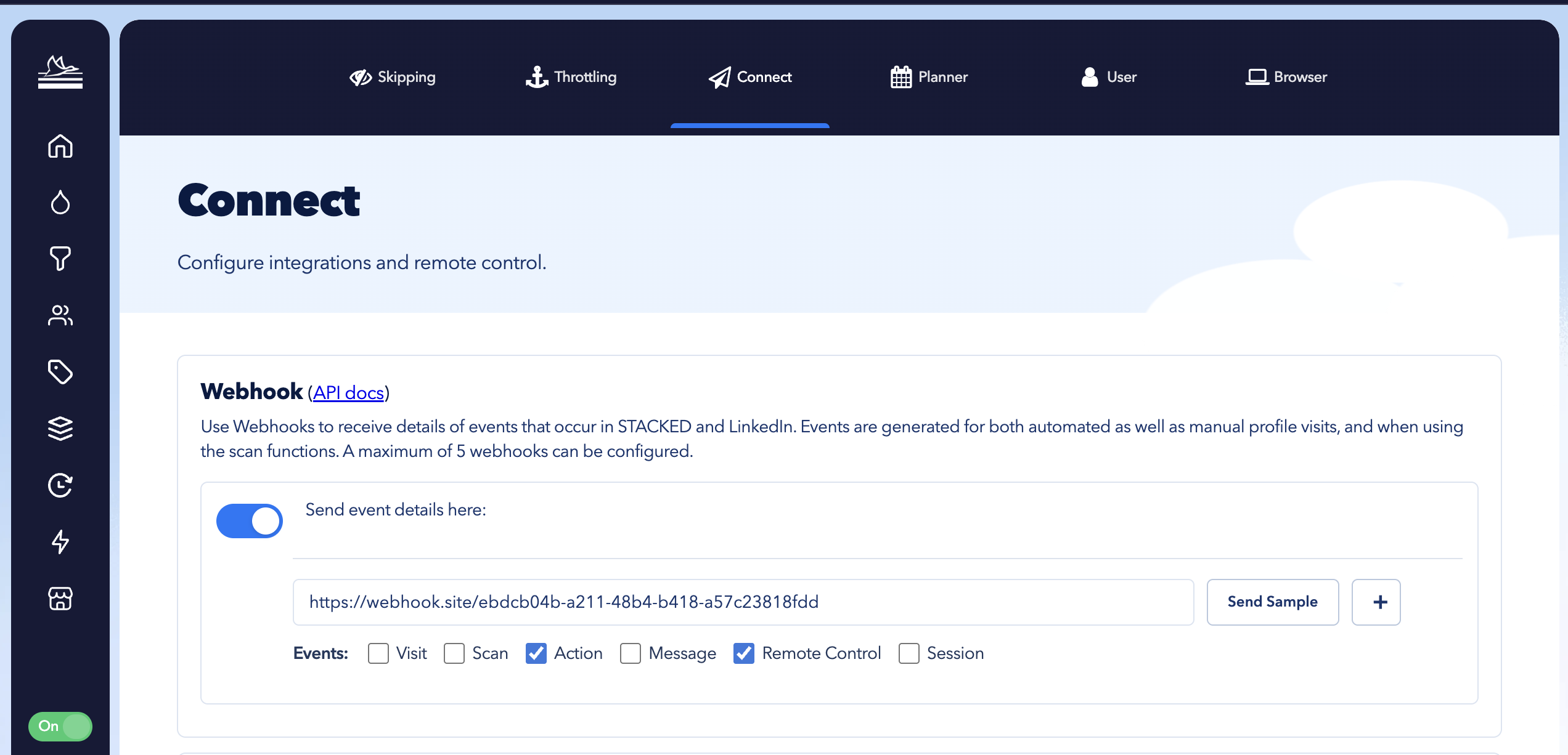 STACKED Connect tab showing enabled webhook option