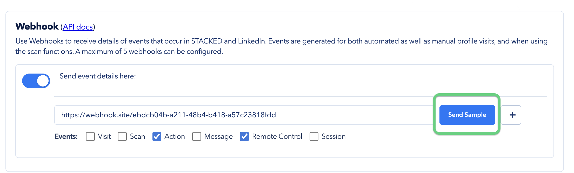 STACKED interface highlighting the Send Sample webhook option