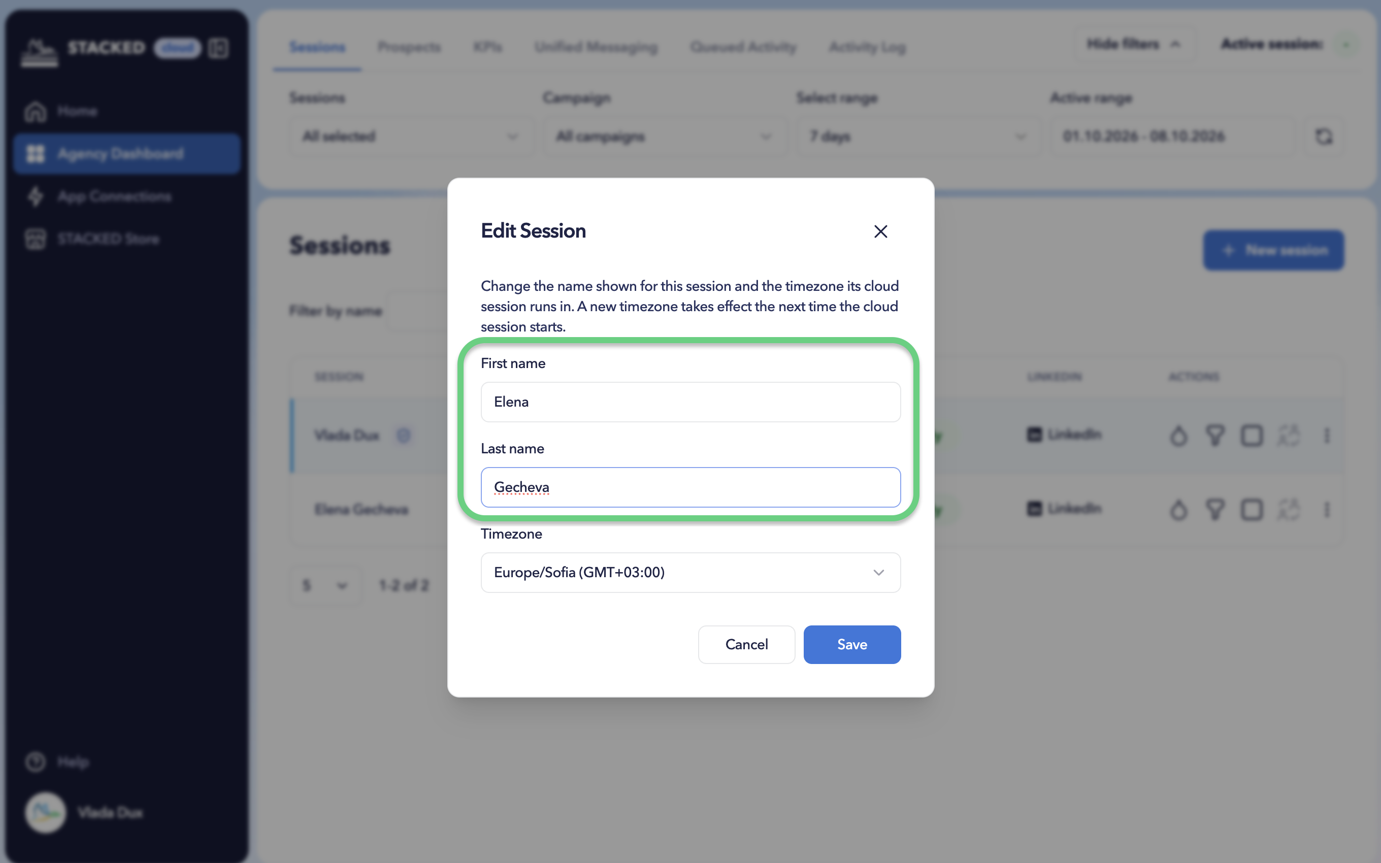 STACKED dialog showing name edit options