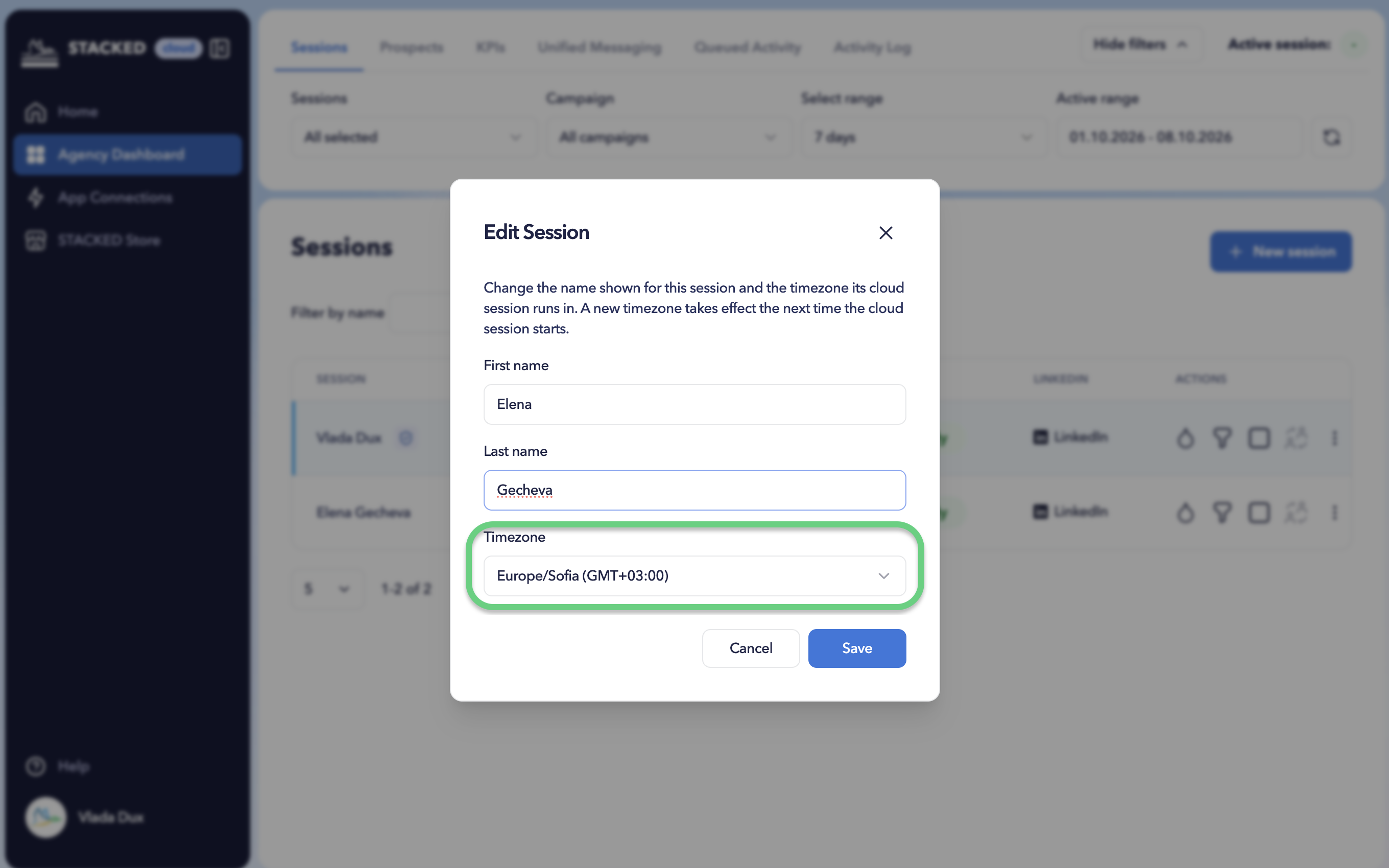 STACKED dialog showing cloud timezone drop-down