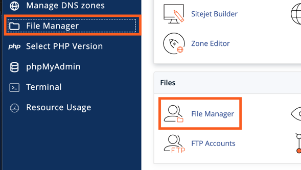 cPanel-dashboard met gemarkeerde optie ‘File Manager’ in het menu en in het overzicht.