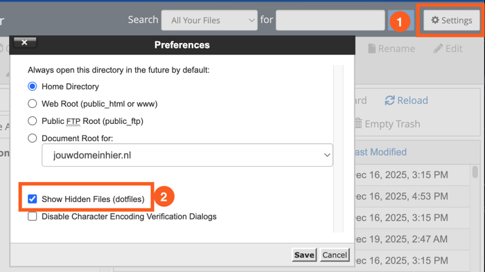 Screenshot van cPanel File Manager > Preferences, waarin bij Settings ‘Show Hidden Files (dotfiles)’ is aangevinkt.