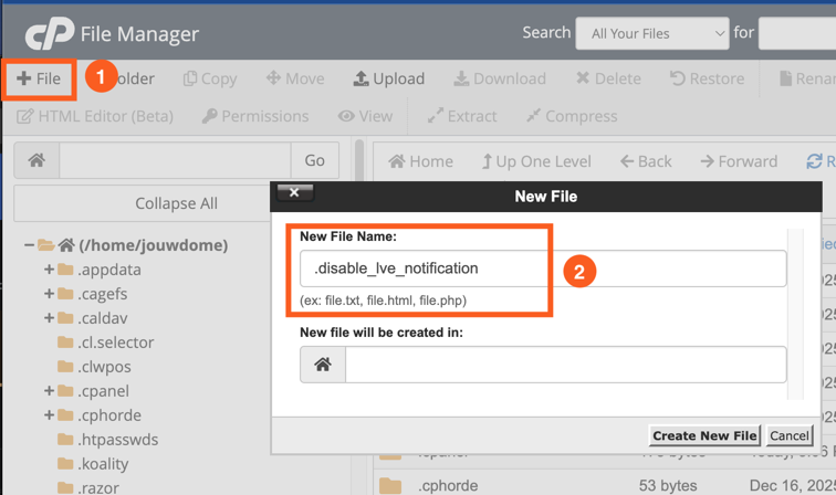 Nieuw bestand aanmaken in cPanel File Manager.