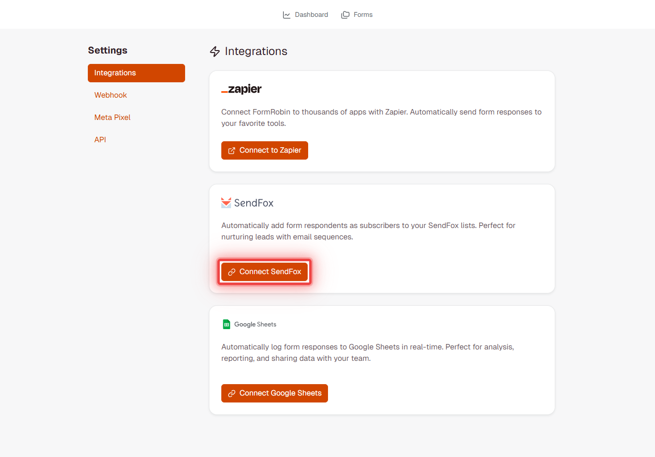FormRobin Integrations page showing SendFox Connect button