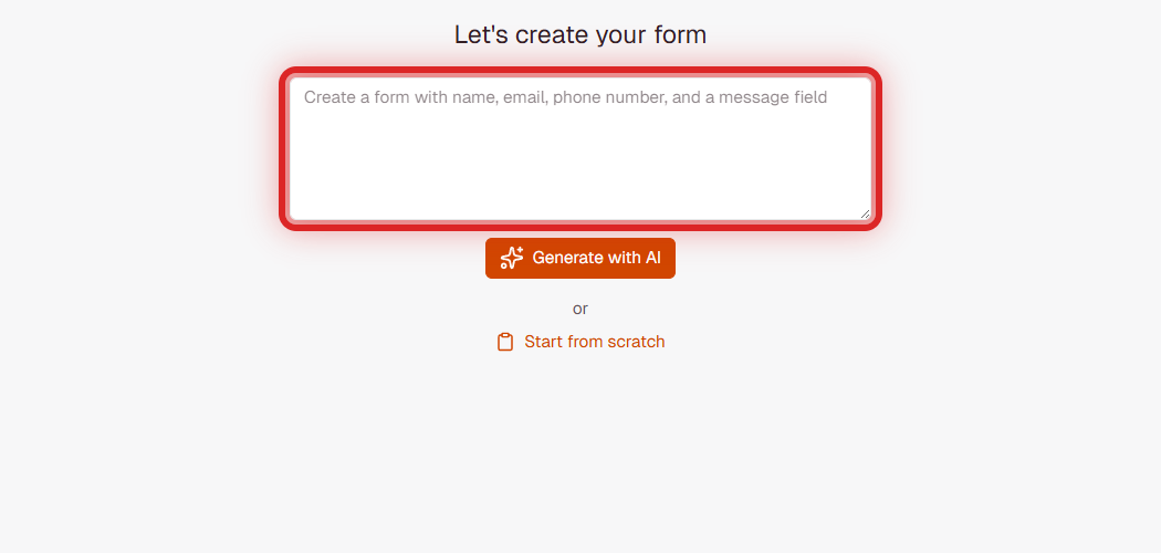 AI Form Builder interface showing prompt input field for describing your form