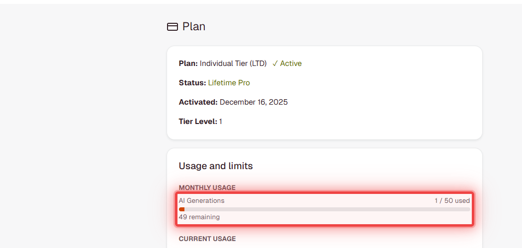 Plan page showing Usage and limits section with AI Generations meter displaying usage count and remaining generations