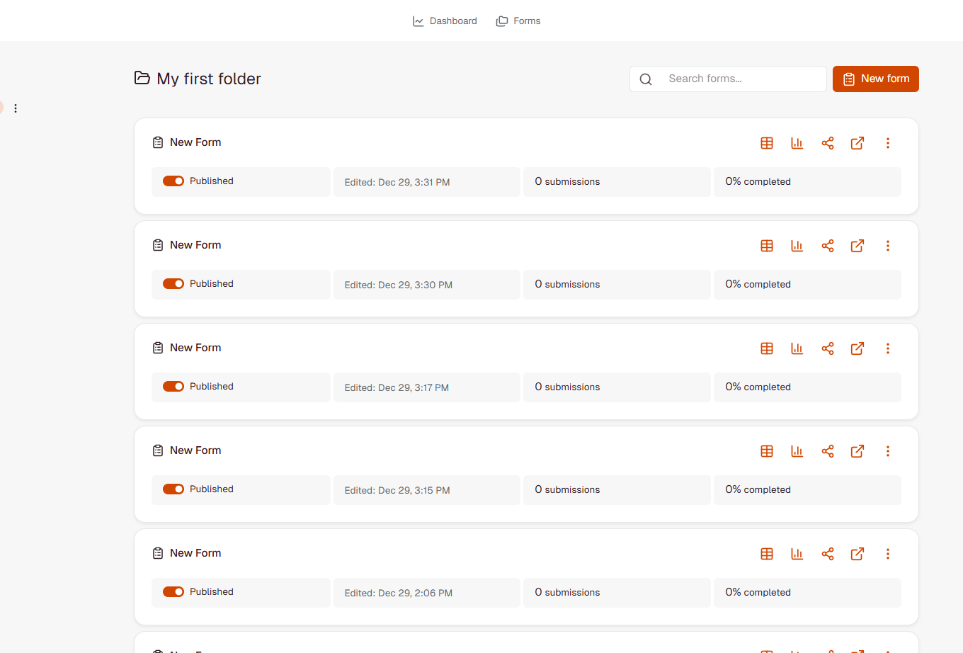 Forms page filtered to show only forms in My first folder