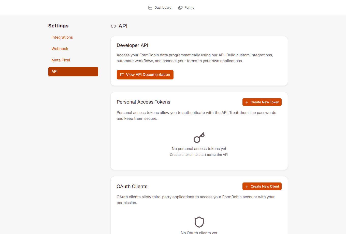 FormRobin API Settings page showing Developer API, Personal Access Tokens, and OAuth Clients sections