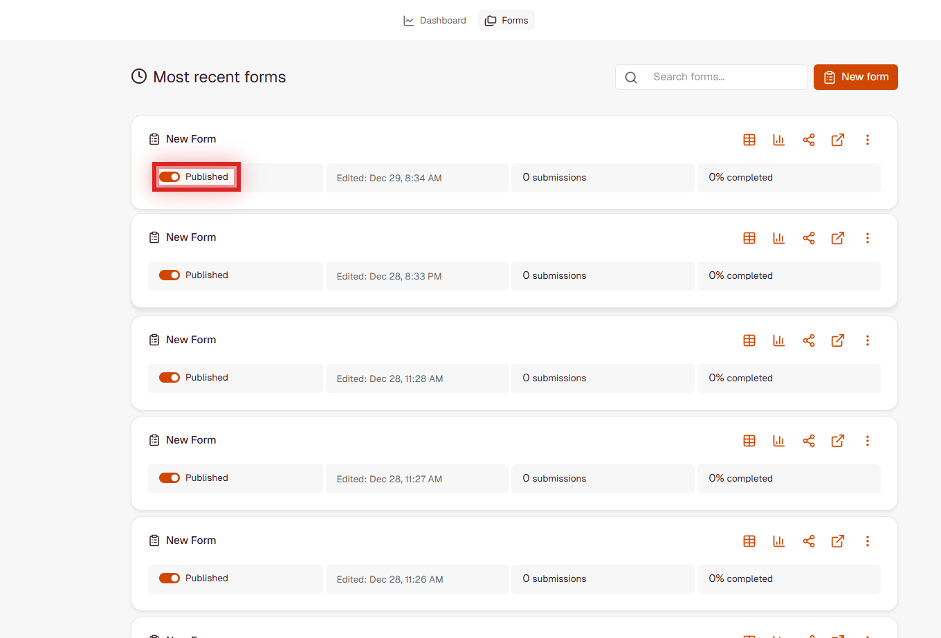FormRobin Forms List showing the Publish toggle switch highlighted