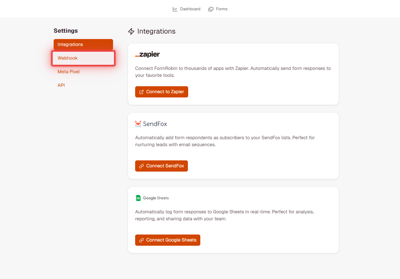 FormRobin Settings sidebar with Webhook option highlighted