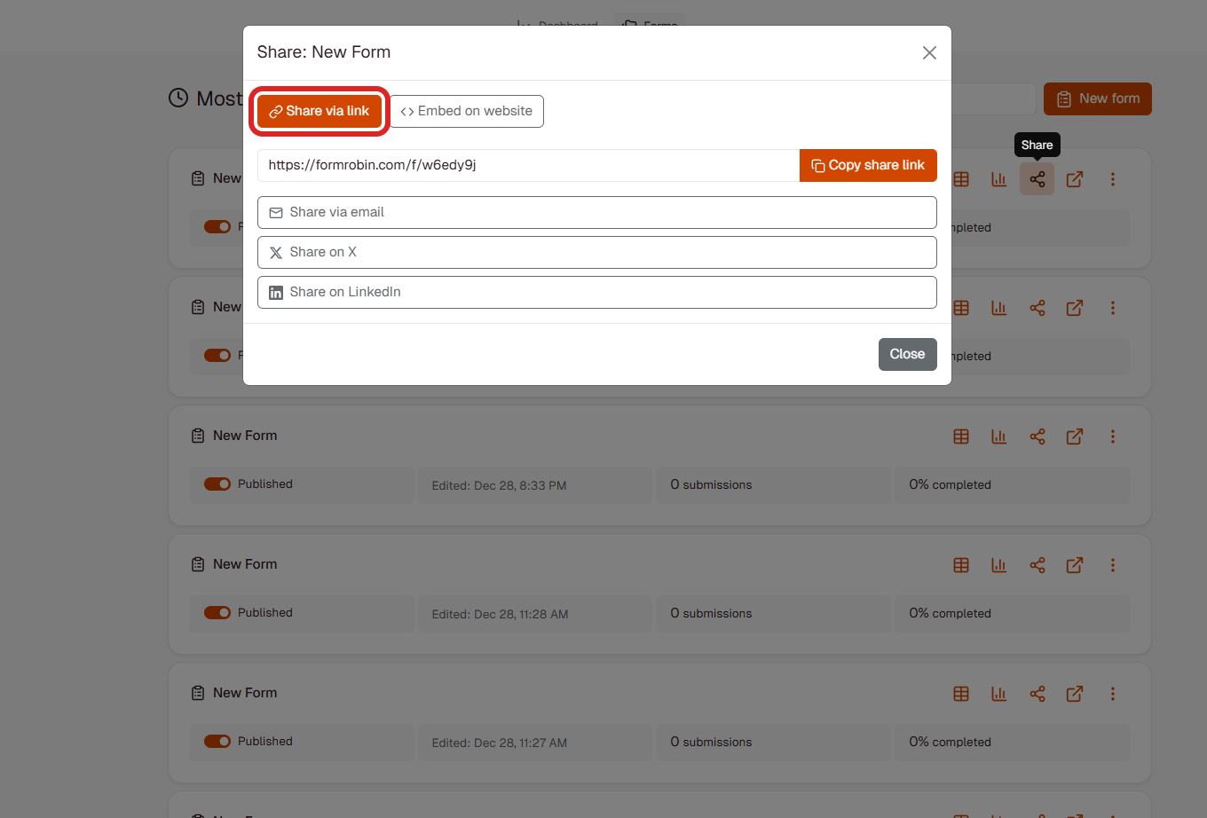 Share Modal showing Share via link tab with copy link and social sharing options
