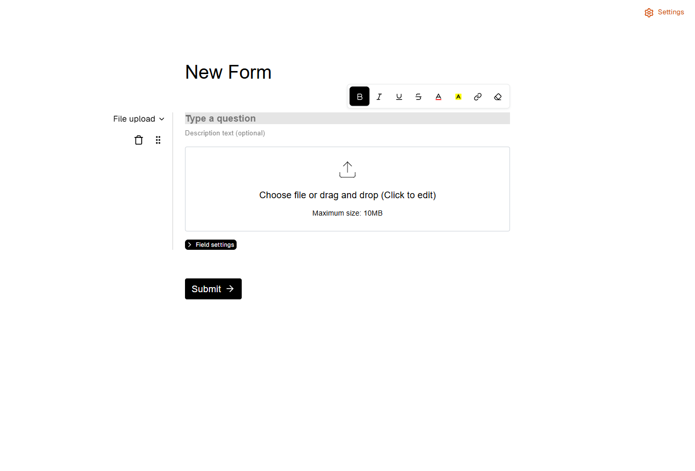File upload field configuration showing label, description, and upload area
