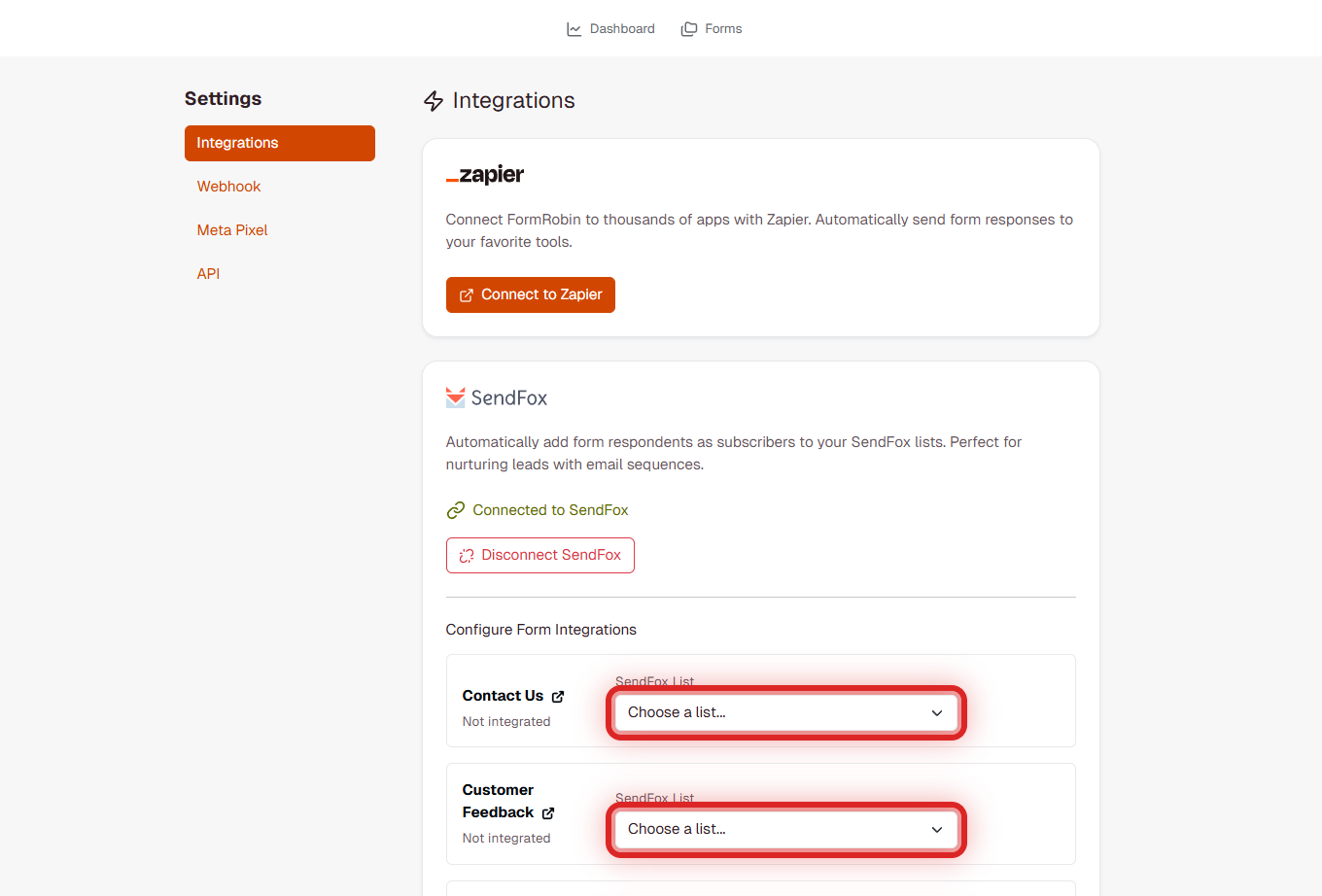SendFox connected state showing form-to-list configuration