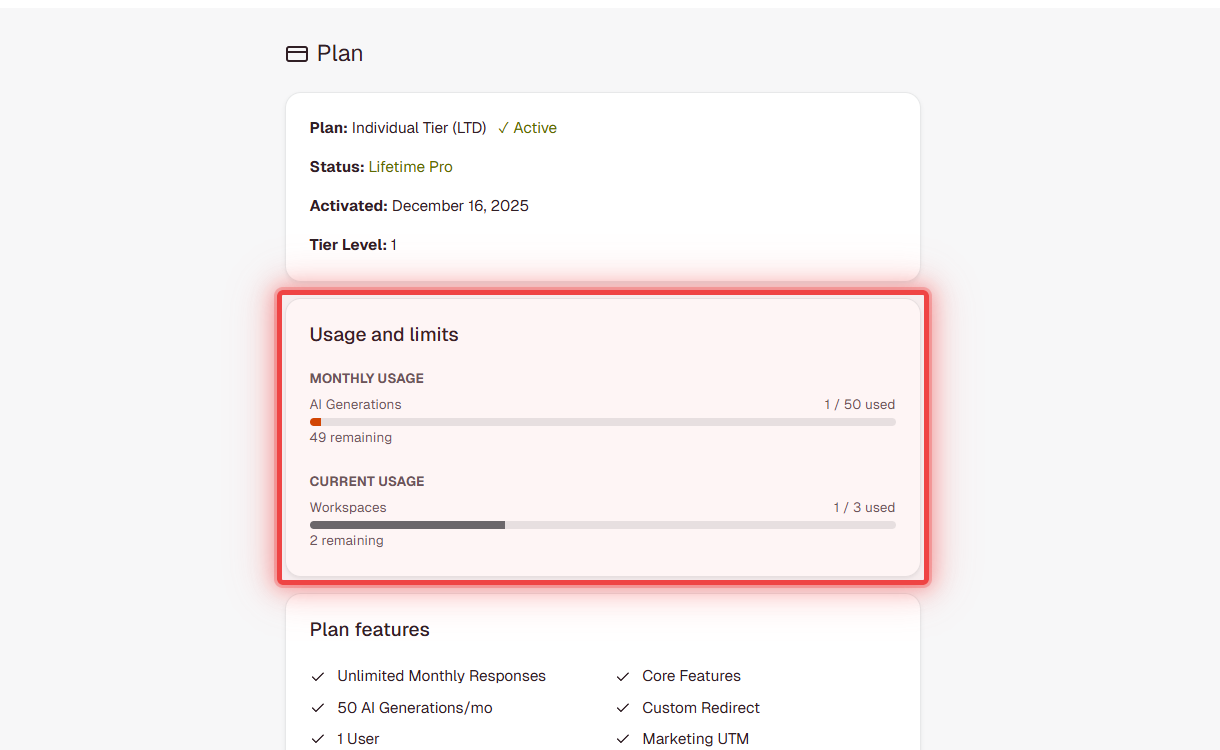 FormRobin Plan page showing usage meters for AI Generations and Workspaces with progress bars