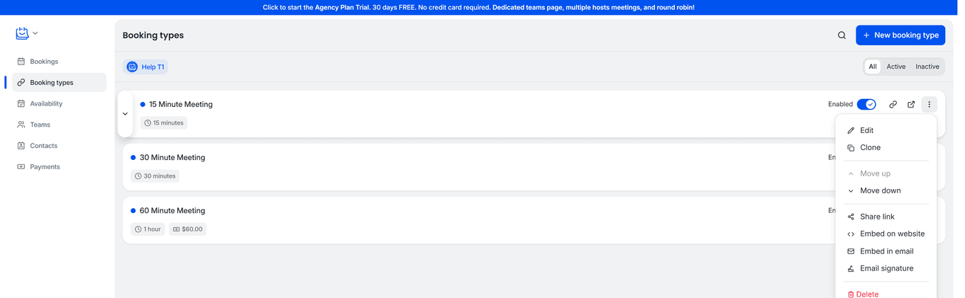 TidyCal booking type card menu showing Embed on website Embed in email and Email signature options