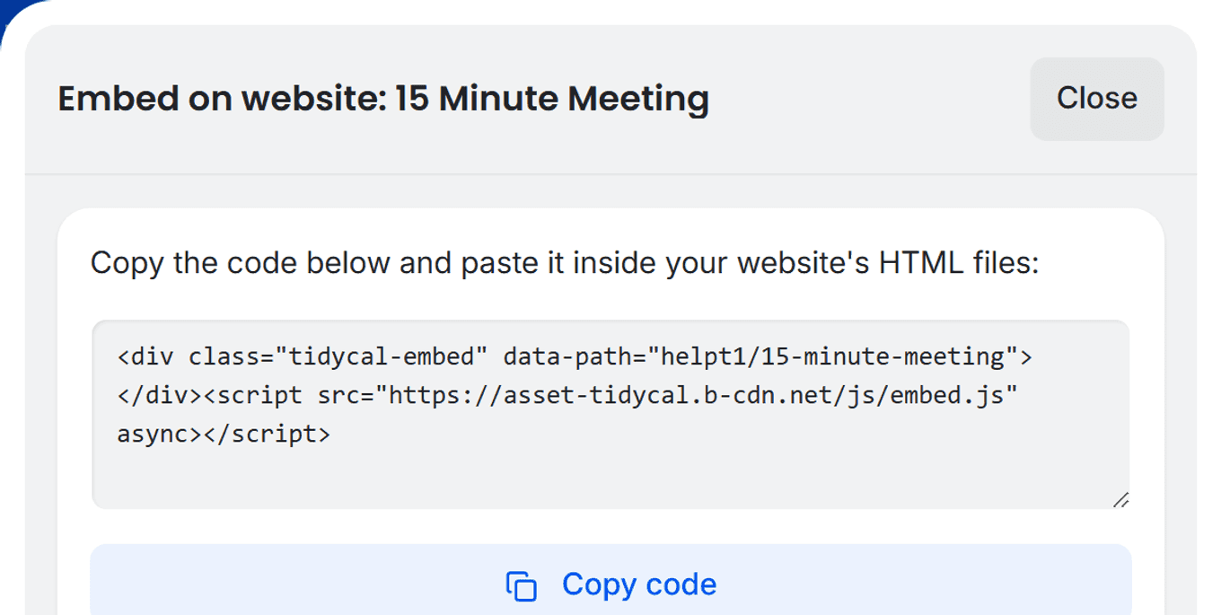 TidyCal Embed on website drawer showing embed code with Copy code button