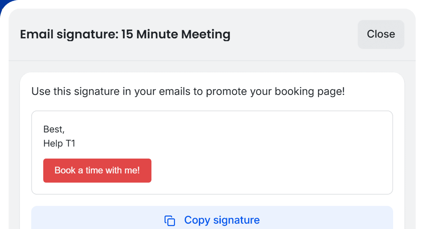 TidyCal Email signature drawer showing signature preview with Book a time with me button and Copy signature option
