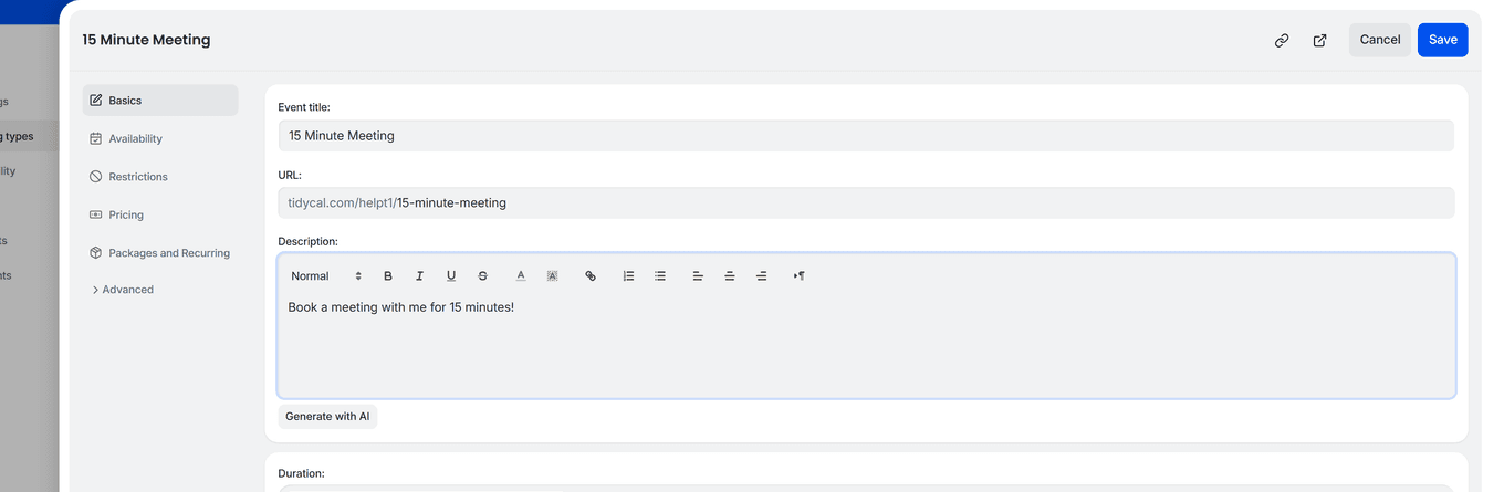 TidyCal booking type editor Basics tab showing description field with Generate with AI button