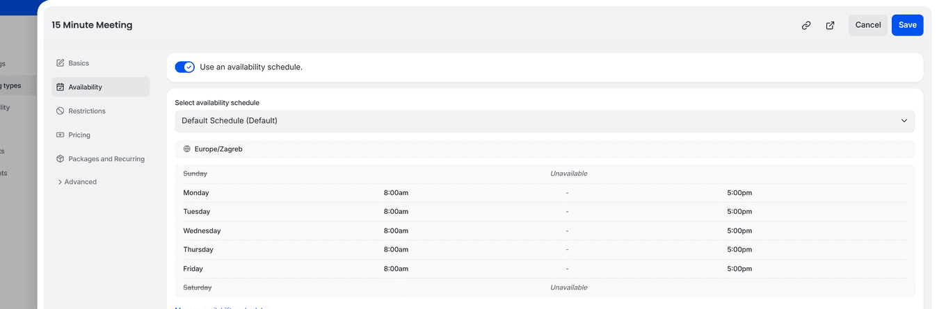 TidyCal booking type Availability tab showing weekly schedule with per-day time slots from Sunday to Saturday