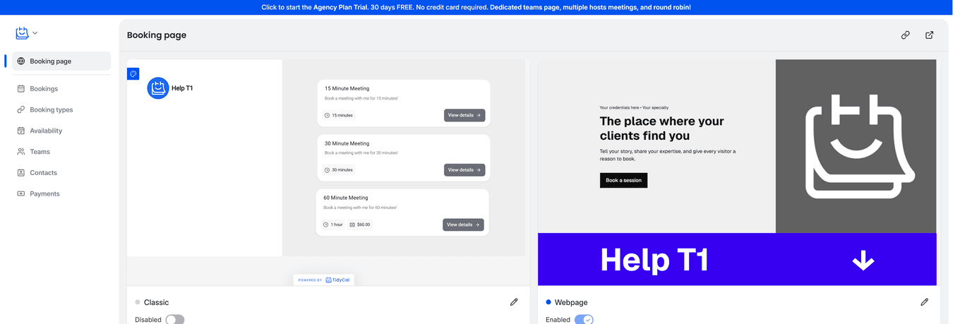 TidyCal Booking page dashboard showing Classic and Website cards with toggle switches