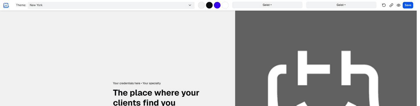 TidyCal Website editor toolbar with theme selector, color palette, font options, and Save button