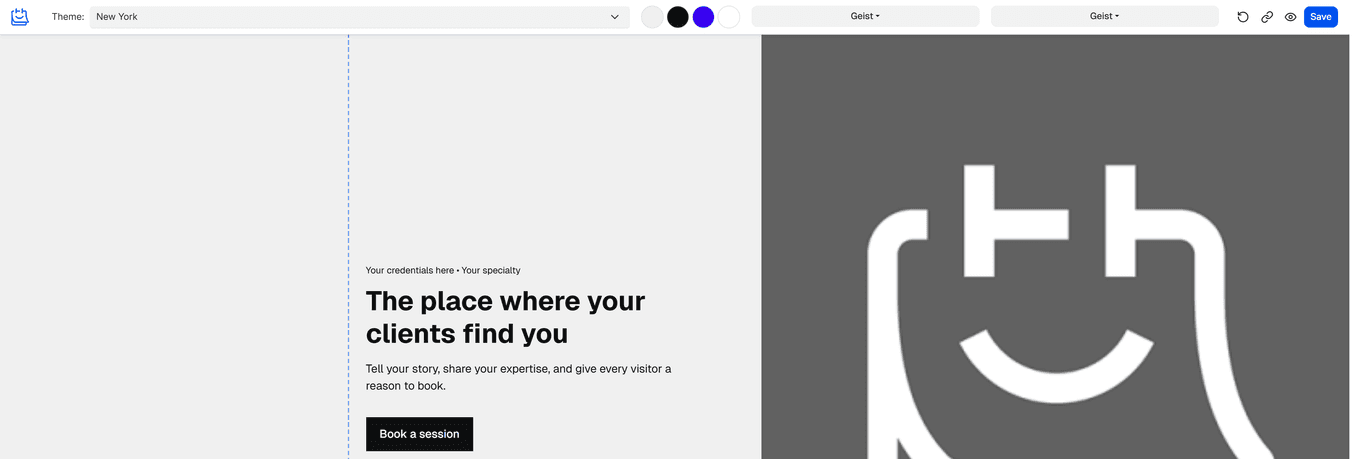 Website hero section in edit mode showing tagline, subtitle, and Book a session CTA button